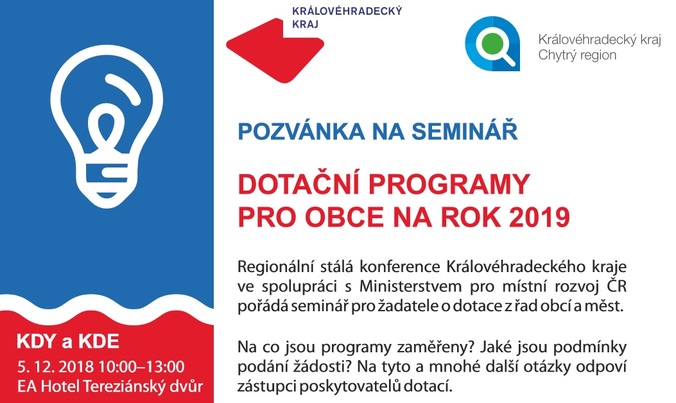 Zveme na seminář Dotační programy pro obce na rok 2019 