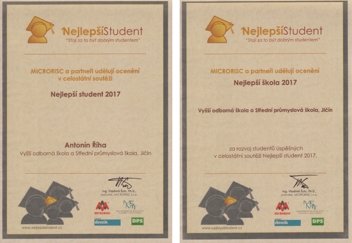 Nejlepší školou roku 2017 se stala VOŠ a SPŠ Jičín. Chodí na ni i nejlepší student